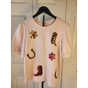 Mesh + Love Womens Short Sleeve Sweatshirt With Sequence Cowboy Boot & Horseshoe